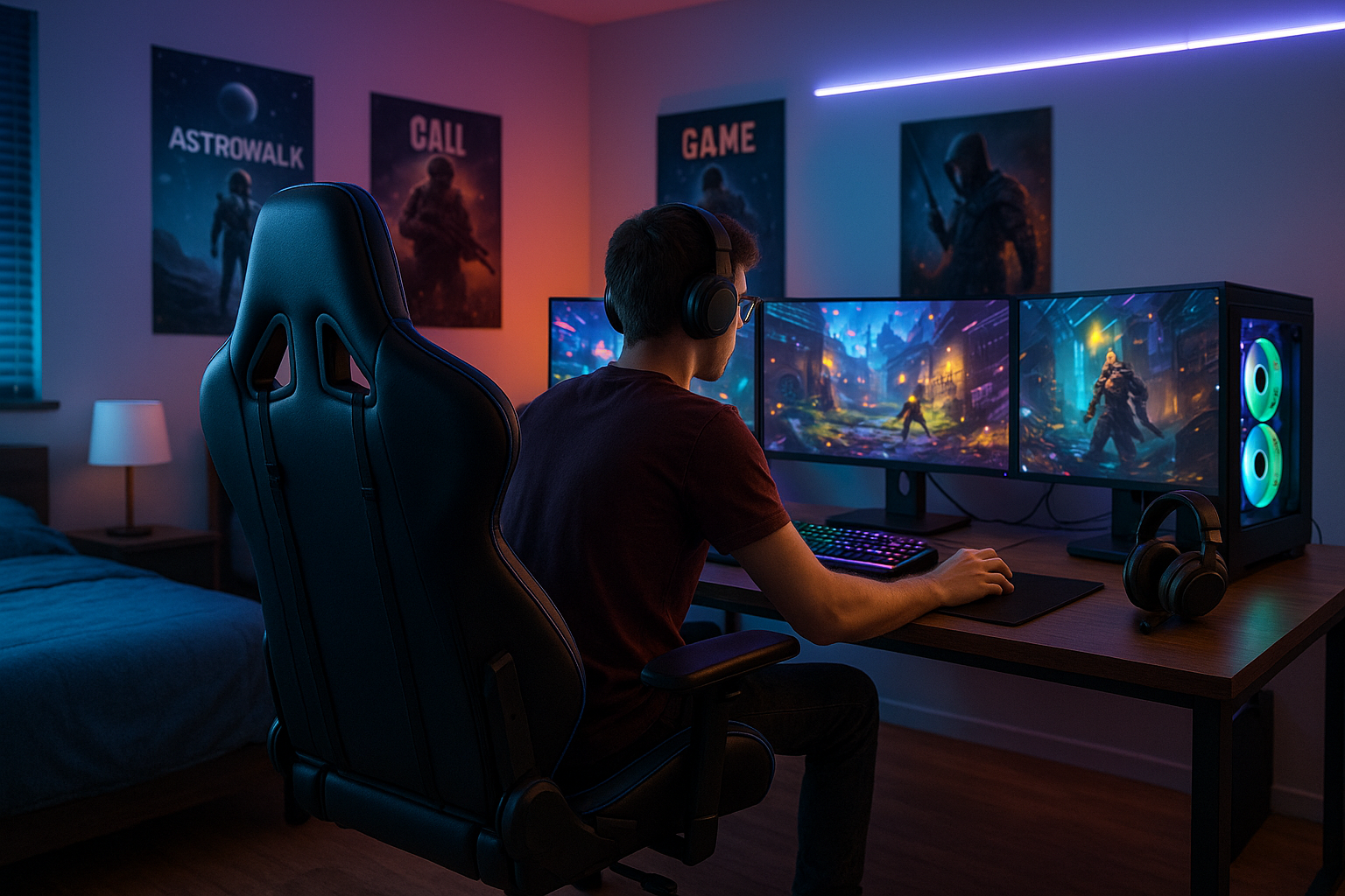 chambre gaming avec un jeune de 20 ans dedans; mettant en avant la chaise et le setup gaming