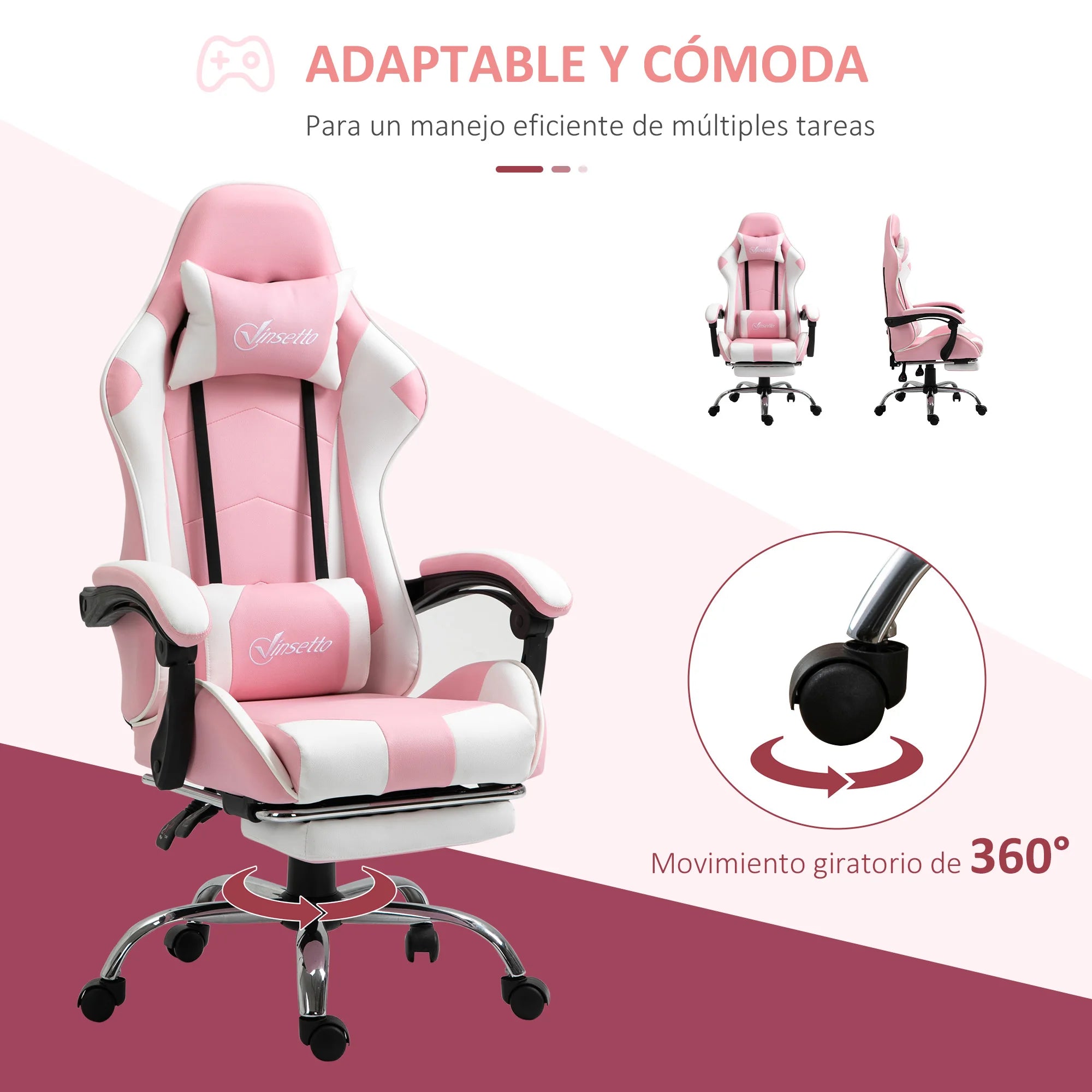 Vinsetto Reclining Gaming Chair Headrest Footrest 64X67X119-127 cm Pink