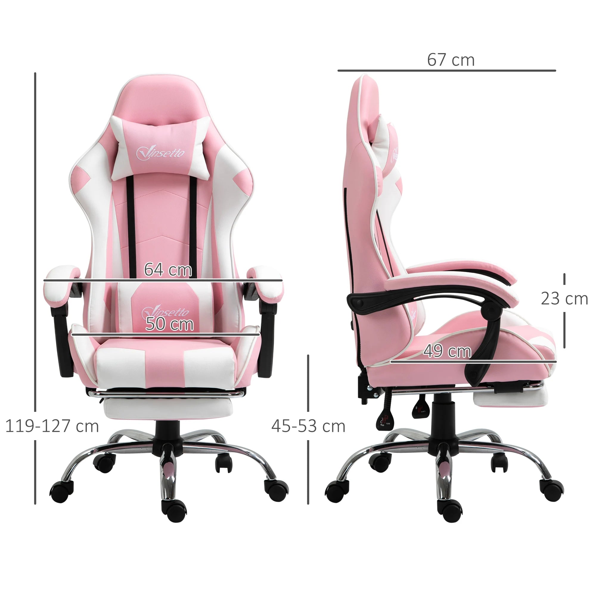 Vinsetto Reclining Gaming Chair Headrest Footrest 64X67X119-127 cm Pink