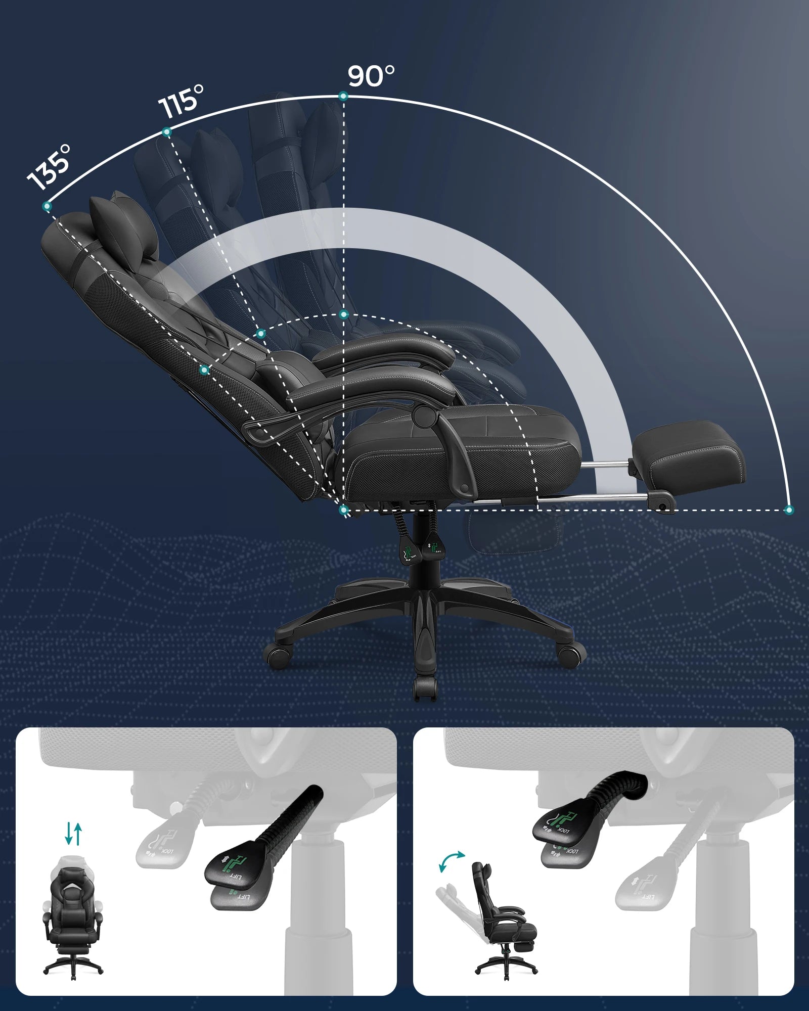SONGMICS  Ergonomic Gaming Chair  Office Chair with Telescopic Footrest  Adjustable Headrest  Lumbar Support  Maximum Load