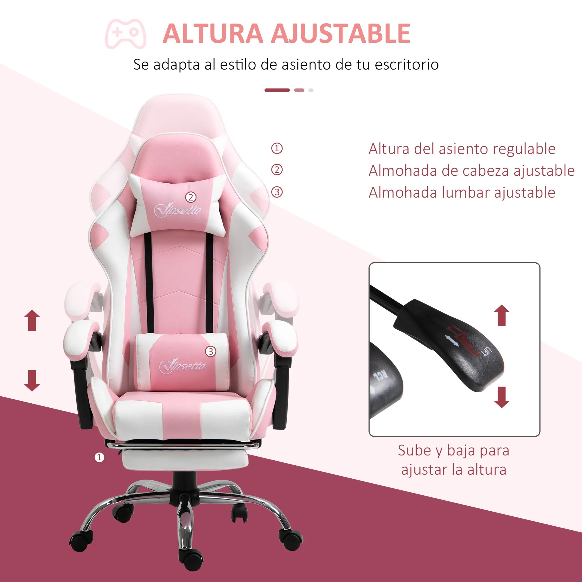 Vinsetto Reclining Gaming Chair Headrest Footrest 64X67X119-127 cm Pink