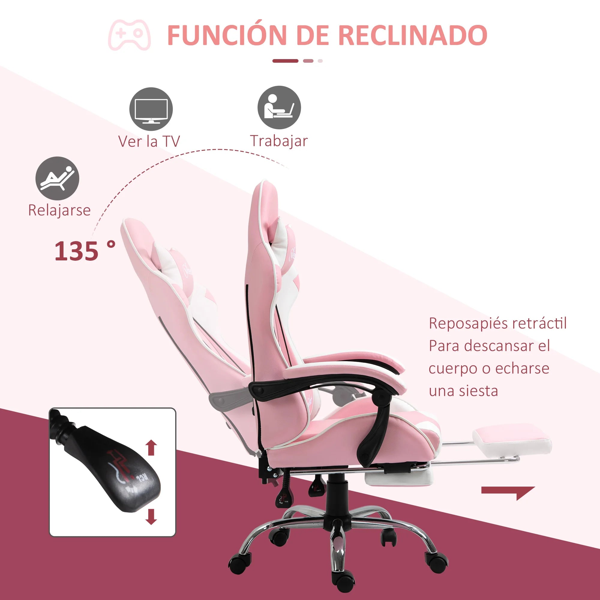 Vinsetto Reclining Gaming Chair Headrest Footrest 64X67X119-127 cm Pink