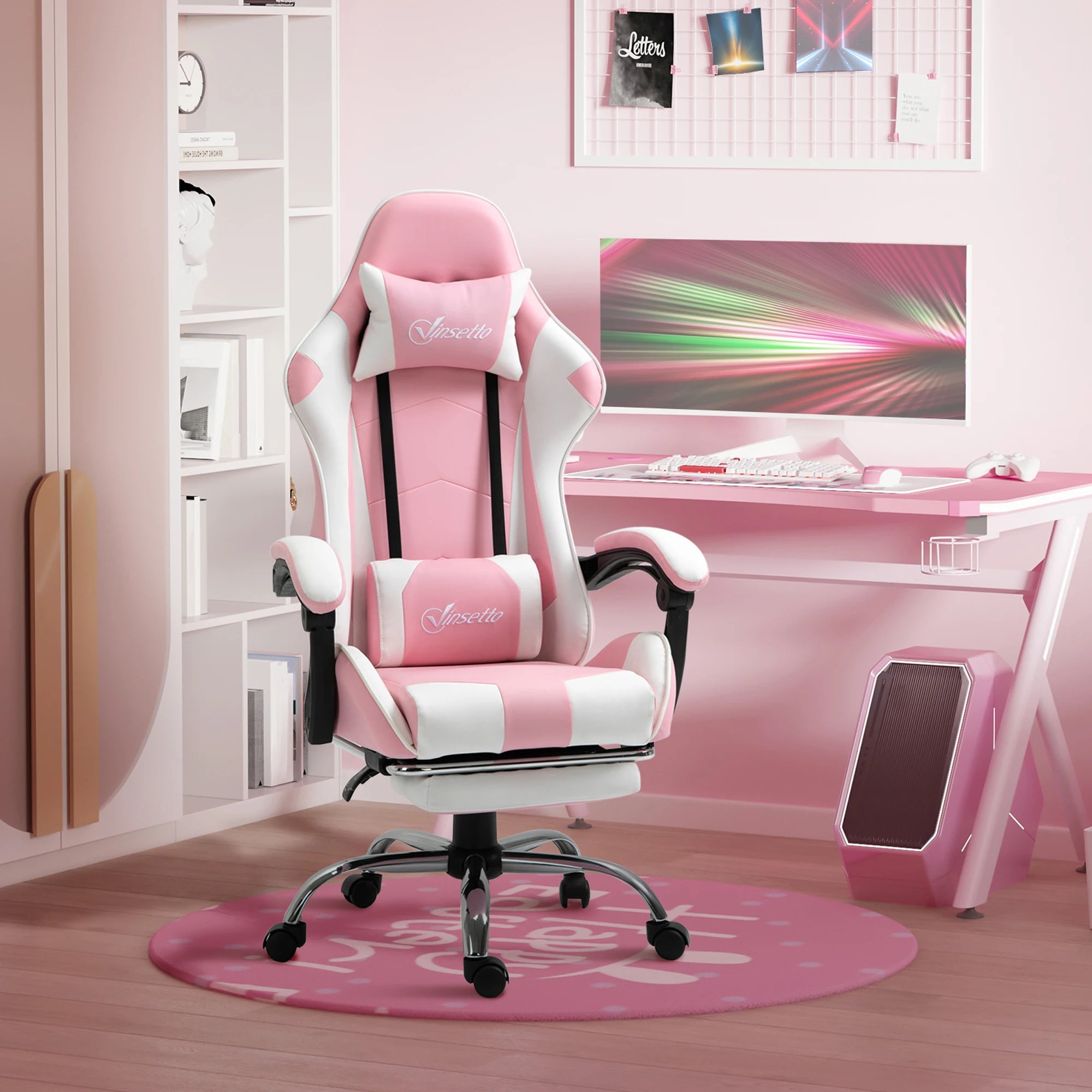 Vinsetto Reclining Gaming Chair Headrest Footrest 64X67X119-127 cm Pink
