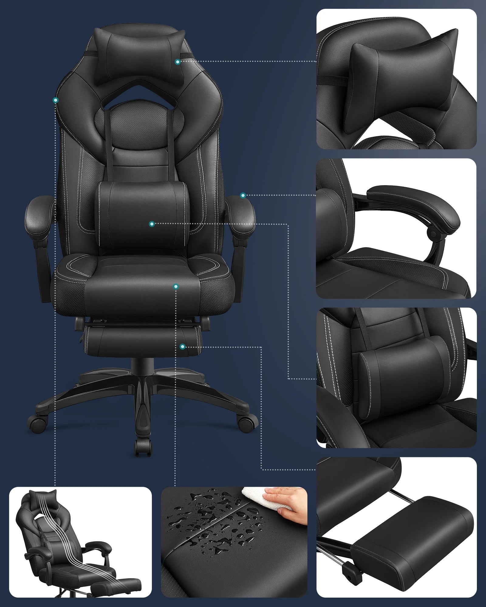 SONGMICS  Ergonomic Gaming Chair  Office Chair with Telescopic Footrest  Adjustable Headrest  Lumbar Support  Maximum Load