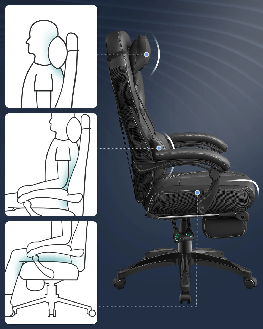 SONGMICS  Ergonomic Gaming Chair  Office Chair with Telescopic Footrest  Adjustable Headrest  Lumbar Support  Maximum Load